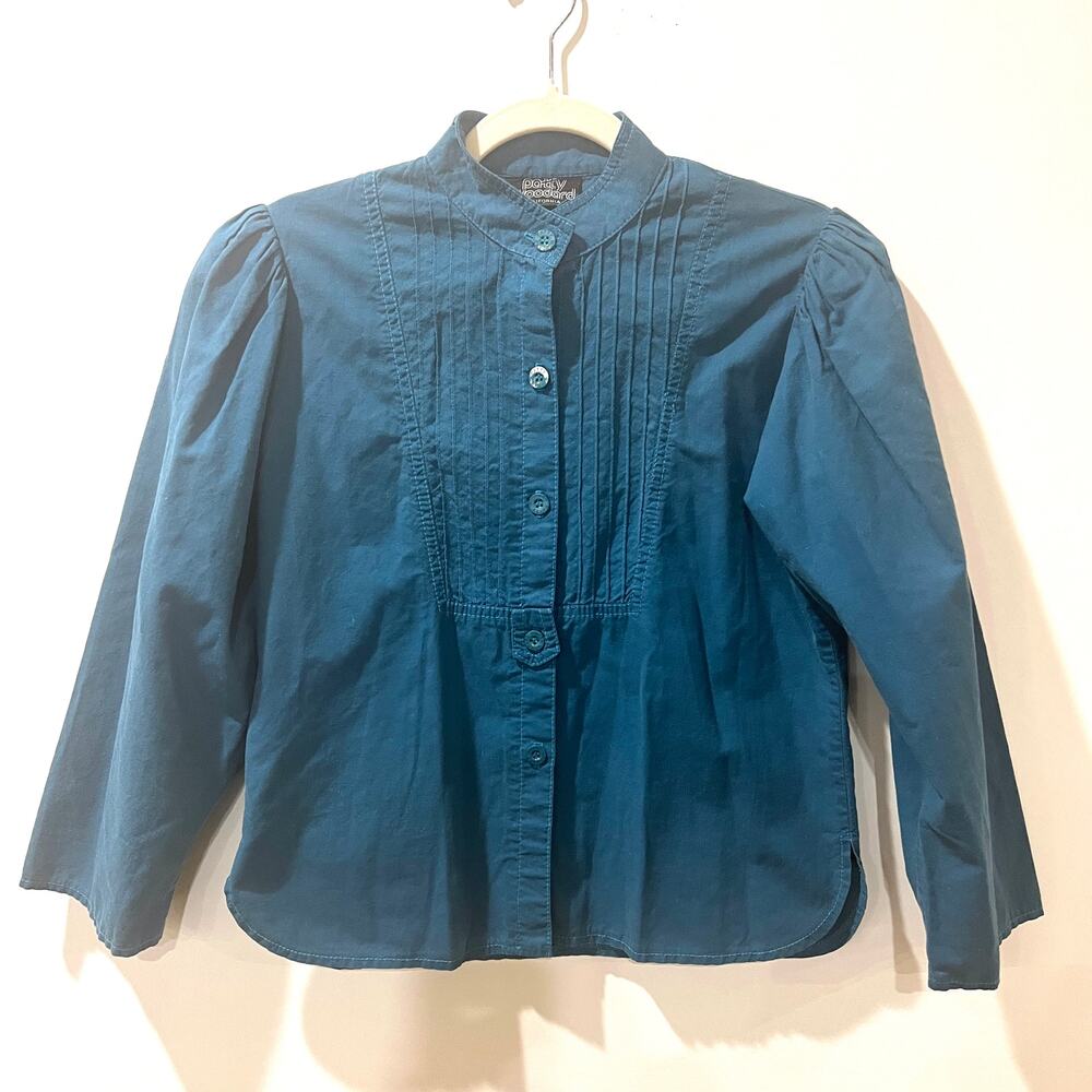 Vtg Patty Woodard 100% cotton button front shirt teal blue small puff sleeve